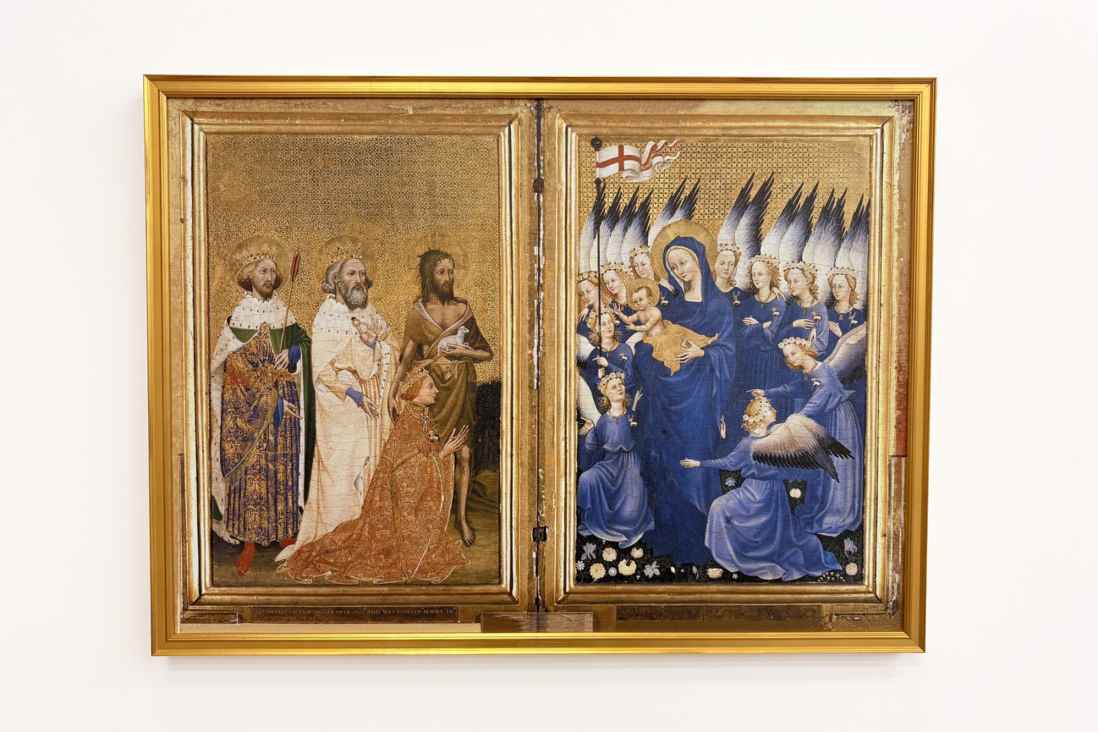Richard II. wird der Jungfrau und dem Kind von seinem Schutzpatron Johannes dem Täufer und den Heiligen Edward und Edmund vorgestellt, ca. 1395-99 - Master of the Wilton Diptych