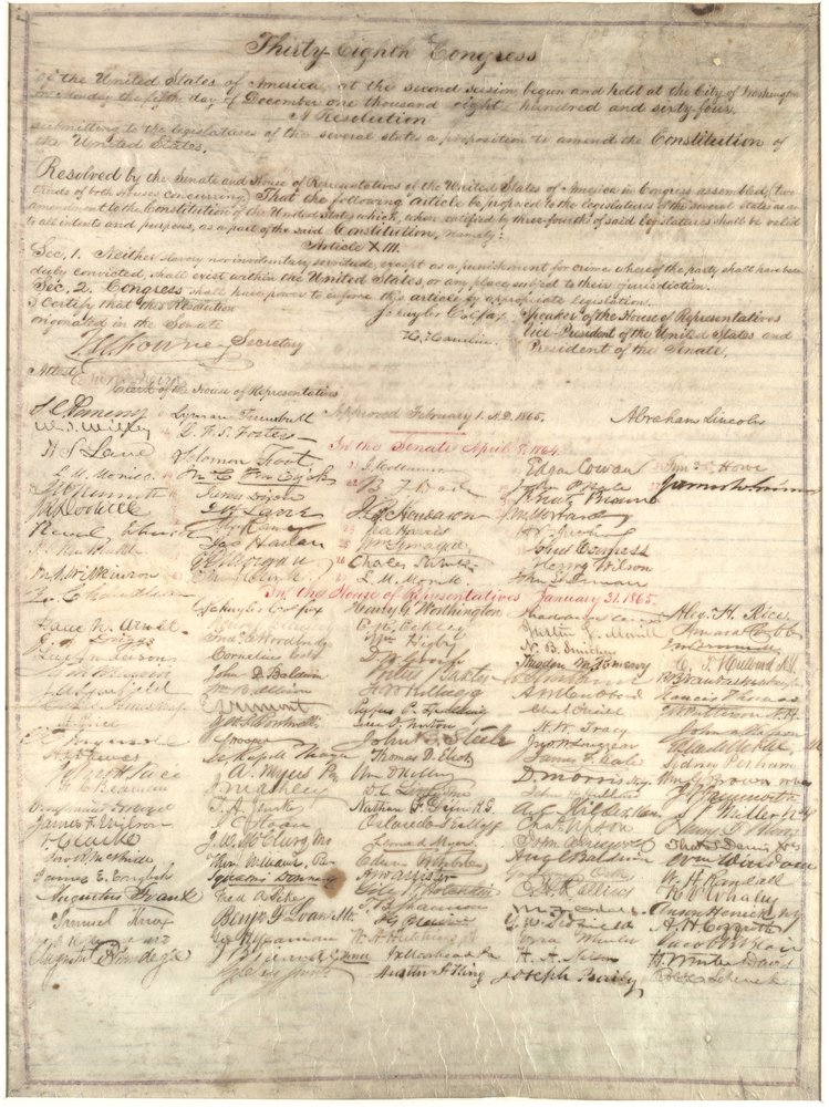 Kongresskopie der Dreizehnten Änderungsresolution, 1. Februar 1865 von Abraham Lincoln