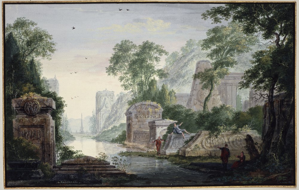 Antike Grabruinen in einer Flusslandschaft von Abraham Rademaker