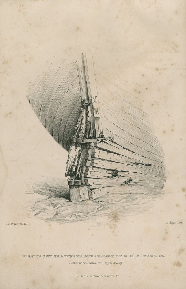 Ansicht des gebrochenen Heckpfostens der H.M.S. Terror: am Strand von ...