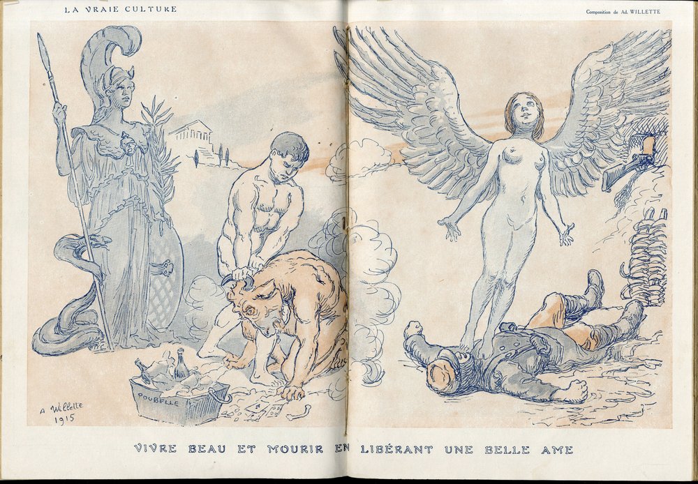 Illustration von Adolphe dit Willette (1857-1926) in „Fantasio“, 01/05/15 - Schön leben und sterben, indem man eine schöne Seele freigibt - Krieg von 14-18, Tote Leichen, Barbarei/Kultur, Marmelade aus Schädeln - Soldaten von Adolphe Leon Willette