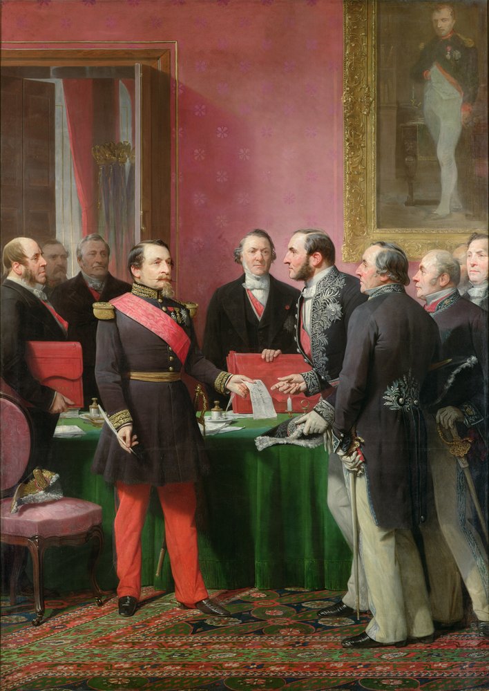 Napoleon III. (1808-73) überreicht Baron Georges Haussmann (1809-91) im Juni 1859 das Dekret zur Genehmigung der Eingemeindung der Pariser Vorortgemeinden von Adolphe Yvon
