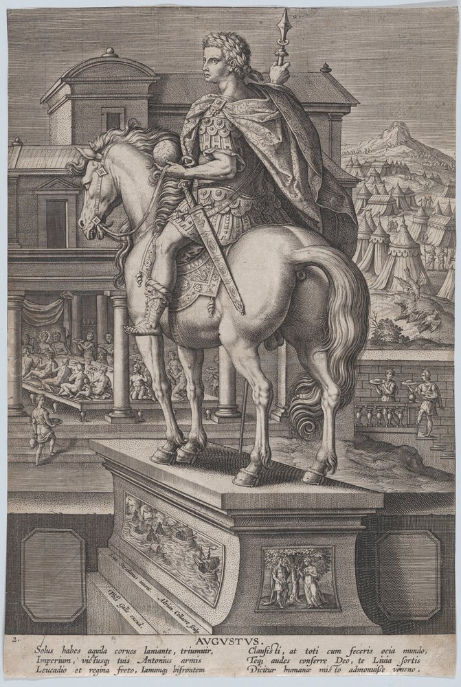Tafel 2: Reiterstatue von Augustus, der einen Globus hält und von hinten gesehen wird, ca. 1587-89 von Adriaen Collaert