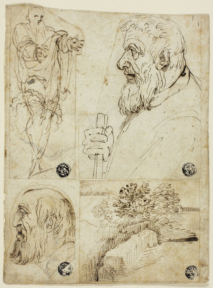 Vier Skizzen: Stehende männliche Figur; Profilbüste eines bärtigen Mannes; Profilkopf eines bärtigen Mannes; Landschaft von Agostino Carracci