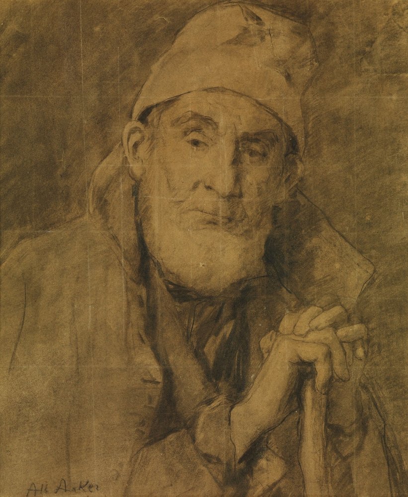 Der alte Feissli mit Stock und Mütze von Albert Anker