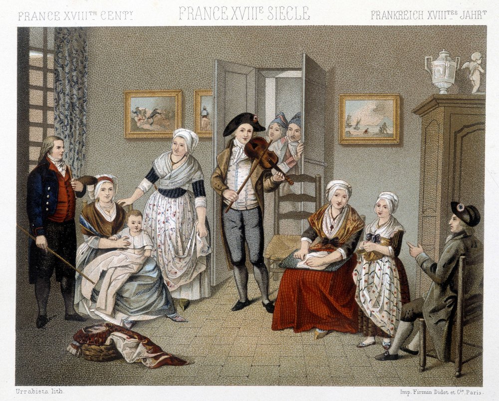 Musiker spielen ihre Instrumente für eine Familie im Haus. Illustration in „Le costume historique“ von Racinet von Albert Charles August Racinet