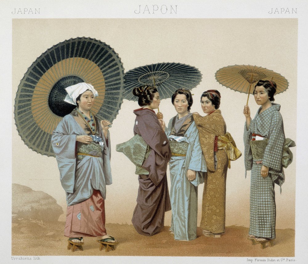 Traditionelle Kostüme japanischer Frauen. Illustration in „Le costume historique“ von Racinet von Albert Charles August Racinet