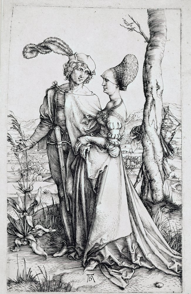 Ein Paar spaziert, beobachtet vom Tod, der sich hinter einem Baum versteckt und eine Sanduhr hält. Gravur von Albrecht Dürer (1471-1528) 1496-1498. Berlin, Kupferstichkabinett von Albrecht Dürer