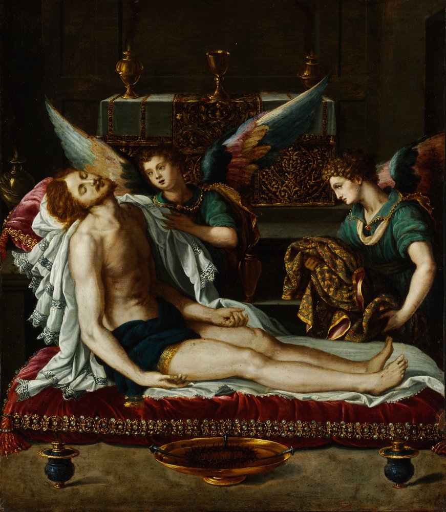 Der Leichnam Christi gesalbt von zwei Engeln von Alessandro Allori