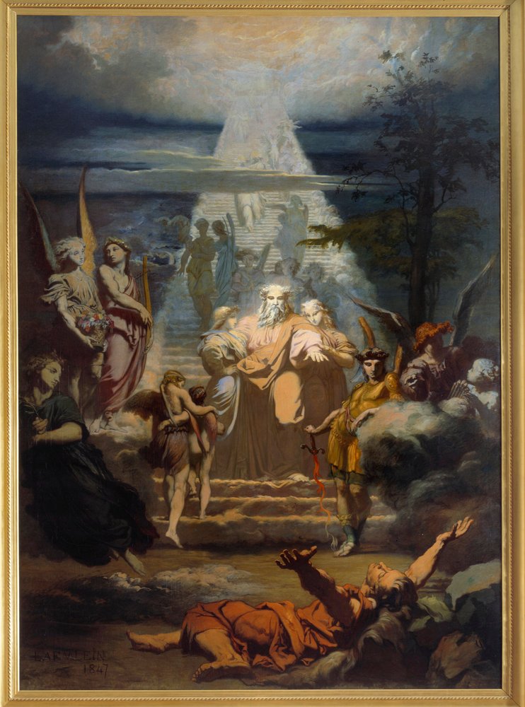 Die Himmelsleiter Jakobs, nachdem er sein Land verlassen hatte, schlief er ein und träumte von einer großen Leiter. Gemälde von Alexandre Laemlein (1813-1871) von Alexandre Laemlein