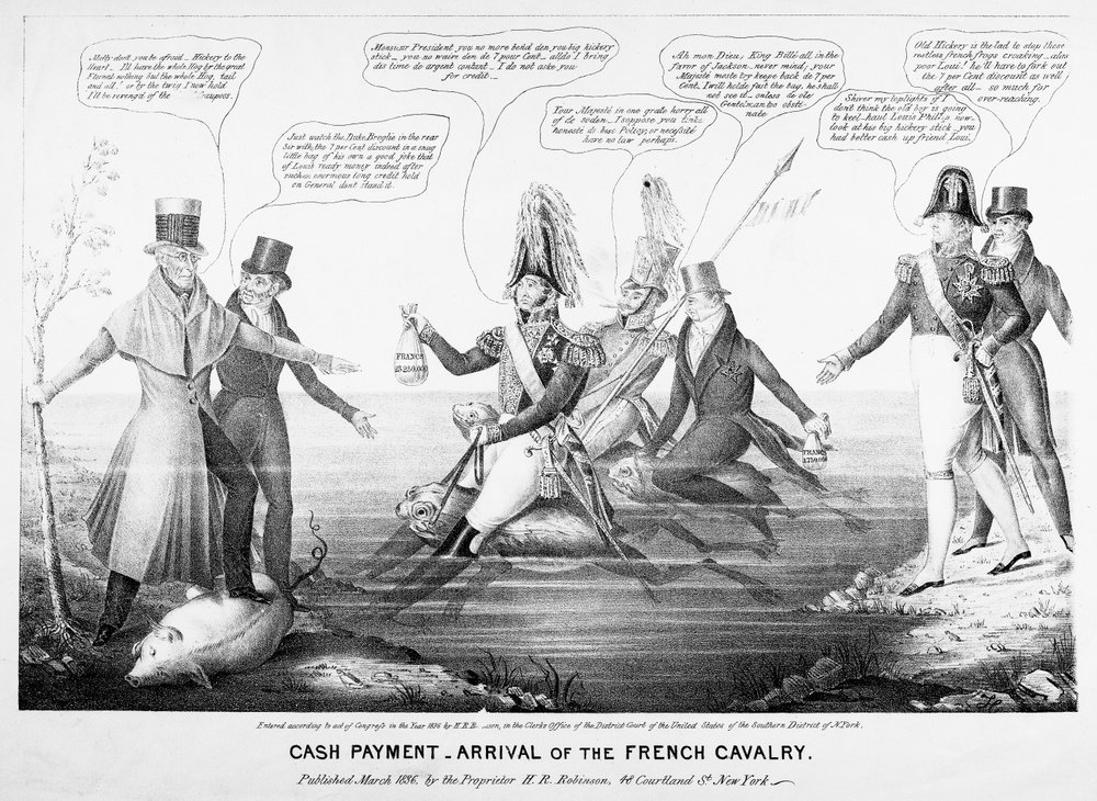 Barzahlung - Ankunft der französischen Kavallerie, veröffentlicht von H.R. Robinson, New York, 1836 (Gravur) von American School