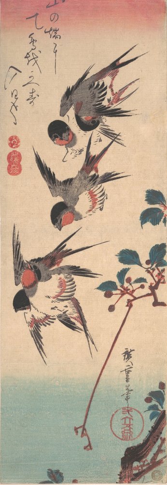 Schwalben und Wildkirsche, ca. 1834 von Ando Hiroshige