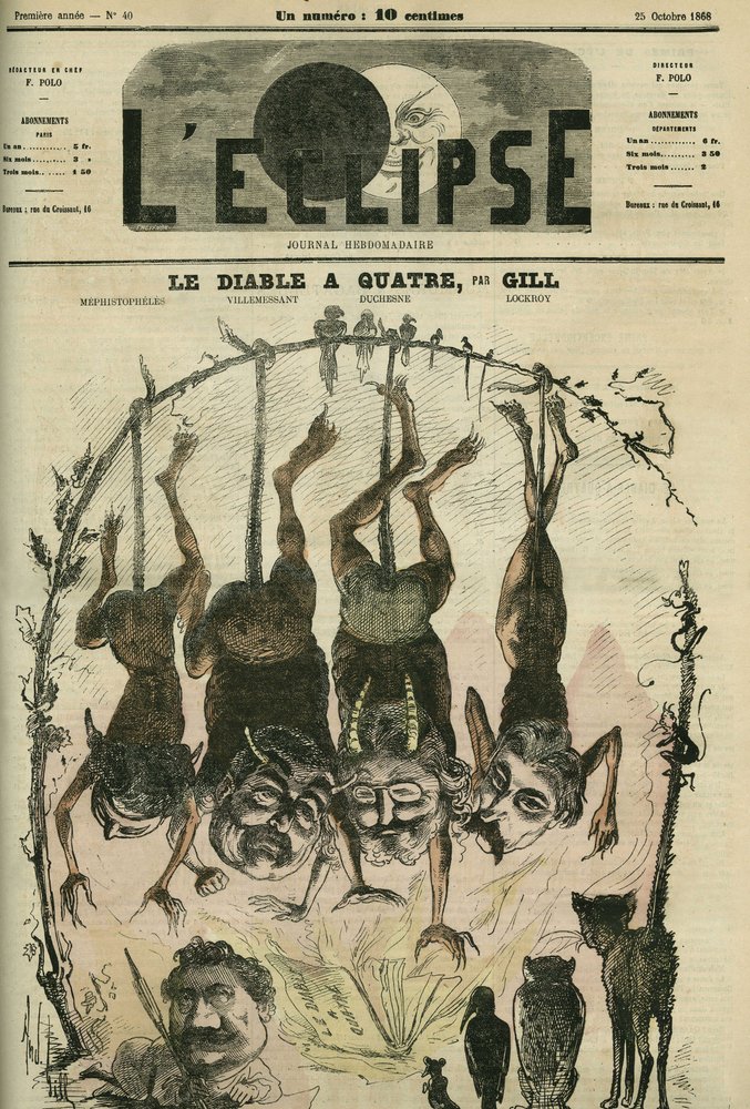 Der Teufel hat vier, politisches Pamphlet, neu gestaltet von Mephistopheles (Mephisto) alias Wolff, Villemessant, Duchesne, Lockroy und seinem Karikaturisten Benassit. Titelbild in 'L'Eclipse' von Gill, 25. Oktober von Andre Gill