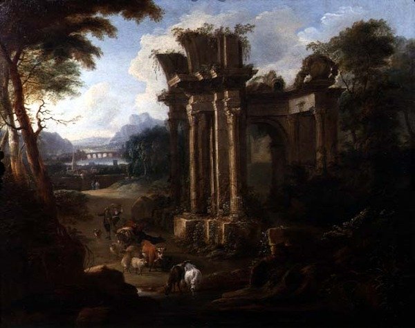 Klassische Landschaft mit einem Kuhhirten, der sein Vieh tränkt (um 1720) von Anglo-Flemish School