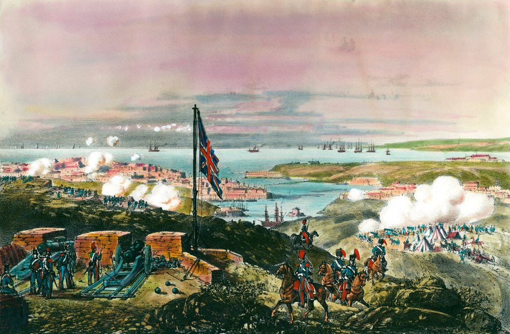 Krimkrieg (1853-1856) zwischen Russland und dem Osmanischen Reich: Die mit den Türken verbündeten Franzosen und Briten belagerten vom 17. Oktober 1854 bis zum 8. September 1855 den russischen Hafen Sewastopol. Ansicht von der englischen Front. Stich aus von Anonymous Anonymous