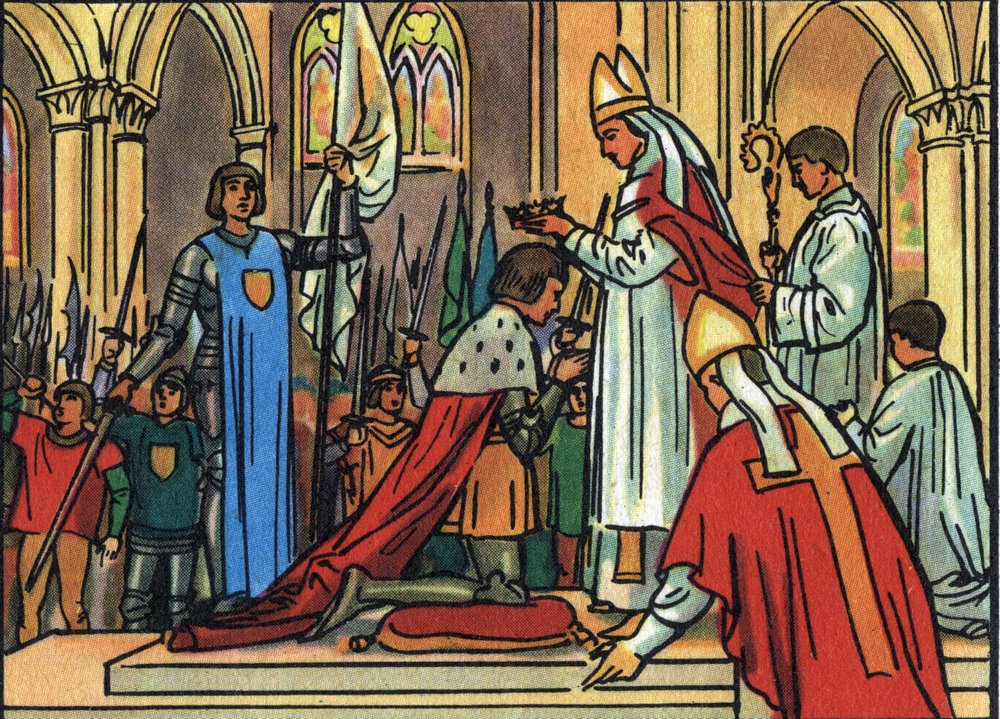 Heiligung von König Karl VII. (1422-1461) durch den Erzbischof von Reims am 17.07.1429 in Anwesenheit von Jeanne d