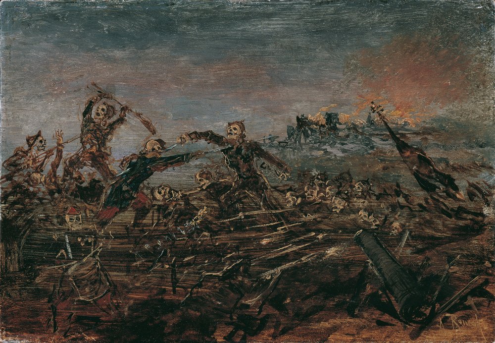 Totentanz auf dem Schlachtfeld vor brennenden Ruinen von Anton Romako
