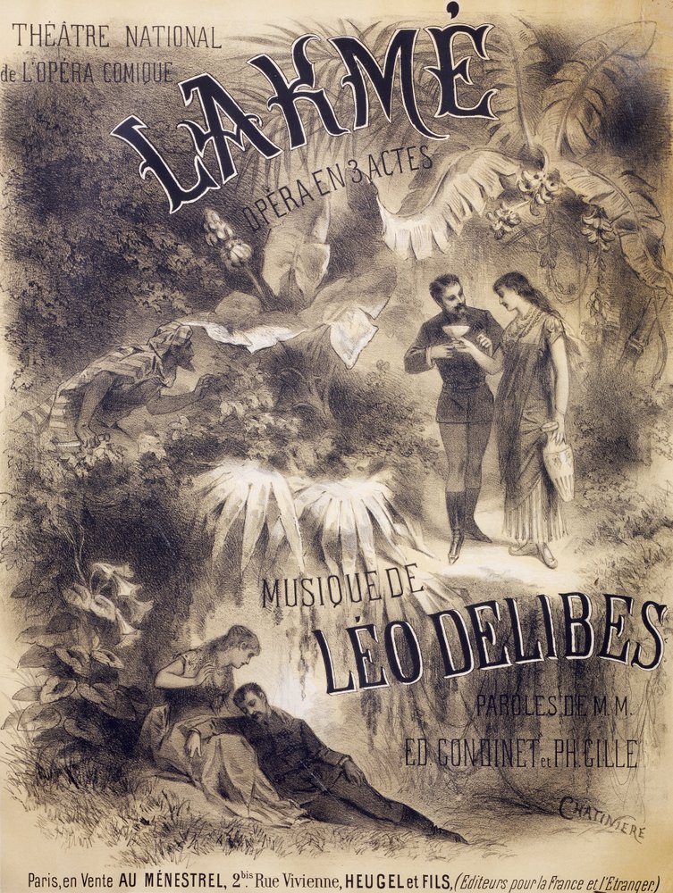 Plakat für Lakmé, Oper mit Libretto von Edmond Gondinet und Philippe Gille, Musik von Léo Delibes, Théâtre National de l'Opéra-Comique, Paris, veröffentlicht von Heugel und Söhne, Paris von Antonin Marie Chatiniere
