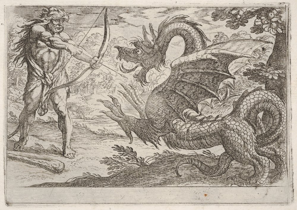 Herkules und die Schlange Ladon: Herkules spannt seinen Bogen, die sich aufbäumende Schlange erscheint im Profil, 1608. von Antonio Tempesta