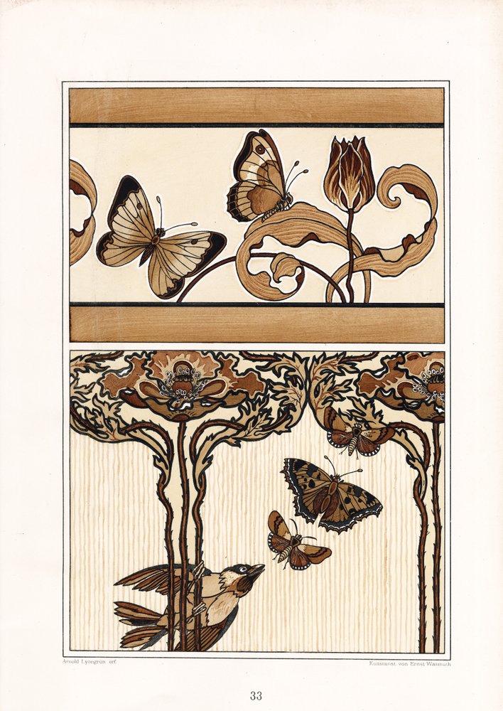 Florale Zierbänder mit Schmetterlingen und Tulpen (Lithografie) von Arnold Lyongrün