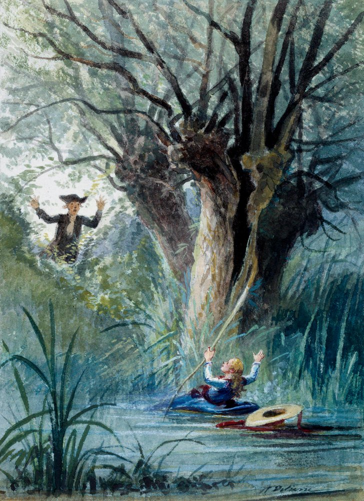 Illustration der Fabel „Das Kind und der Lehrer“ von Jean de La Fontaine. Aquarell von Auguste Delierre von Auguste Delierre