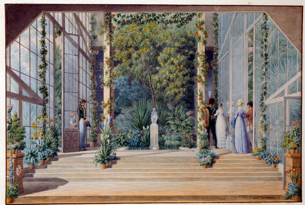 Ein Besuch im warmen Gewächshaus des Schlosses von Malmaison von Auguste Simon Garneray
