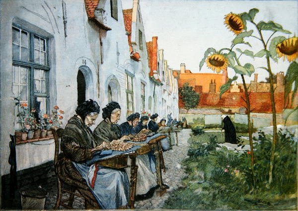 Spitzenmacherinnen im Garten eines Altenheims in Brügge von Belgian School