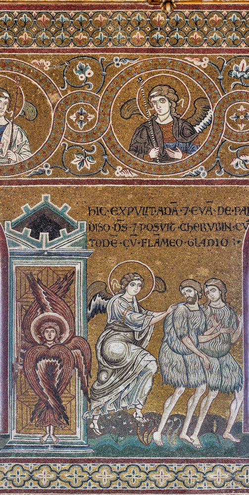 Die Vertreibung aus dem irdischen Paradies, byzantinisches Mosaik, Alttestamentlicher Zyklus-Irdisches Paradies, XII-XIII Jahrhundert von Byzantine