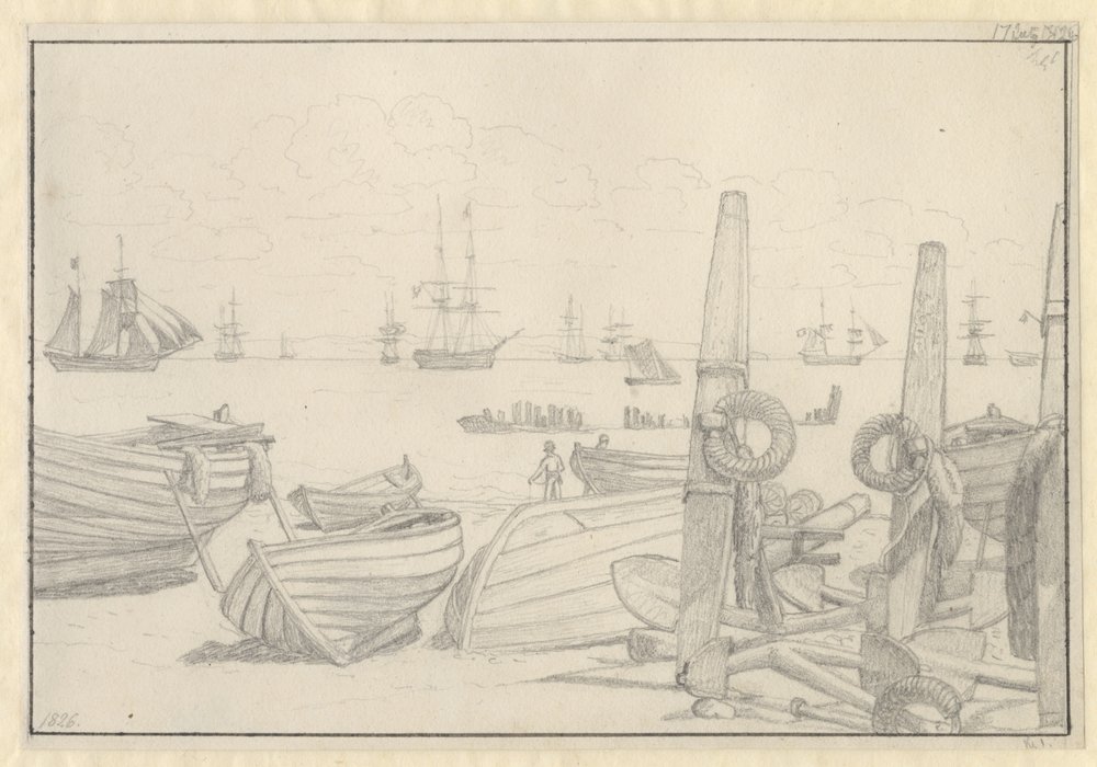 Aussicht vom Strand südlich von Helsingør auf das Wachschiff, die Brigg "Falster" von Christoffer Wilhelm Eckersberg