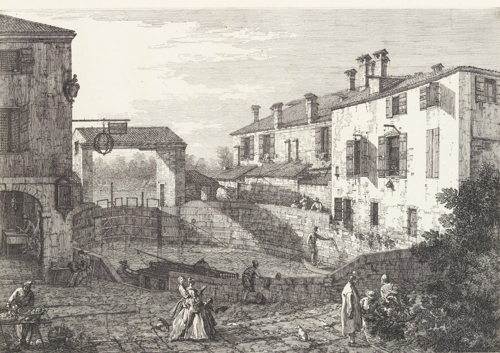 Die Schleusen von Dolo, ein ovales Becken mit Booten in der Mitte, Gebäude auf beiden Seiten,..., 1735-46 von Canaletto