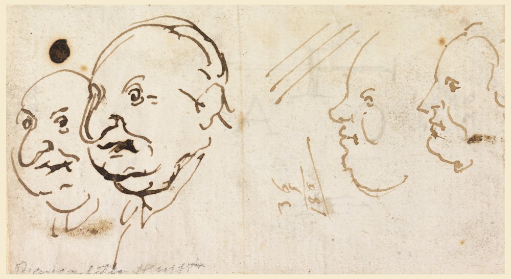 Skizzen von vier Köpfen in Karikatur von Carlo Marchionni