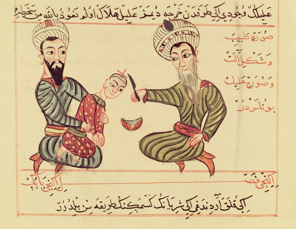 Ms Sup Turc 693 fol.53 Ableitung von angesammelter Flüssigkeit aus dem Kopf eines Kindes, 1466 von Charaf-ed-Din