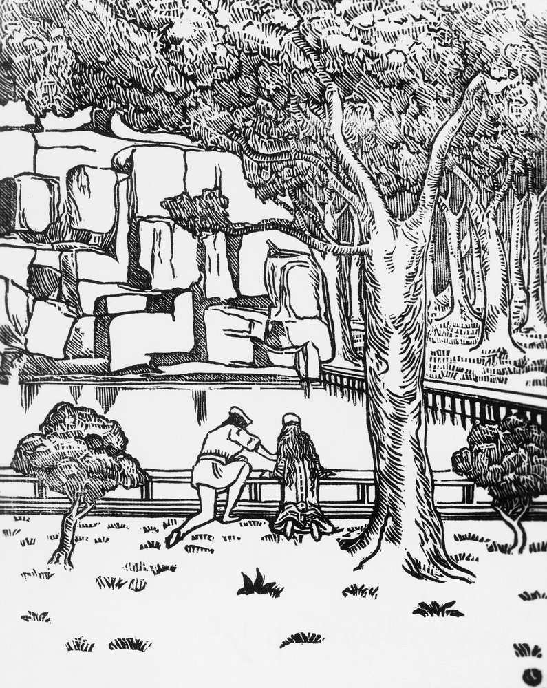 Menschen, die eine Quelle betrachten, Holzschnitt von Charles Doudelet (1861-1938) für Pelleas und Melisande von Maurice Maeterlinck (1862-1949), veröffentlicht von Claudio Argentieri, Spoleto, Italien von Charles Doudelet