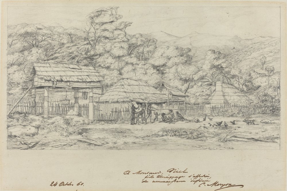Indigene Speicher und Behausungen in Akaroa, Banks-Halbinsel von Charles Meryon