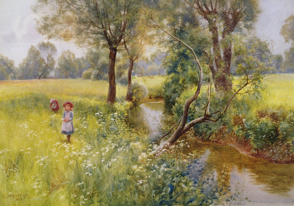 Sommerblumenpflücken am Bach, 1899 von Charles W. Hopper