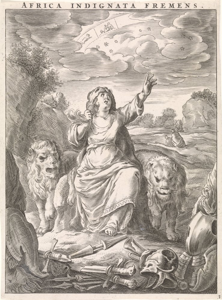 Weibliche Personifikation des Kontinents Afrika als Frau mit Löwenfell zwischen Löwen sitzend von Cornelis van Dalen (II)