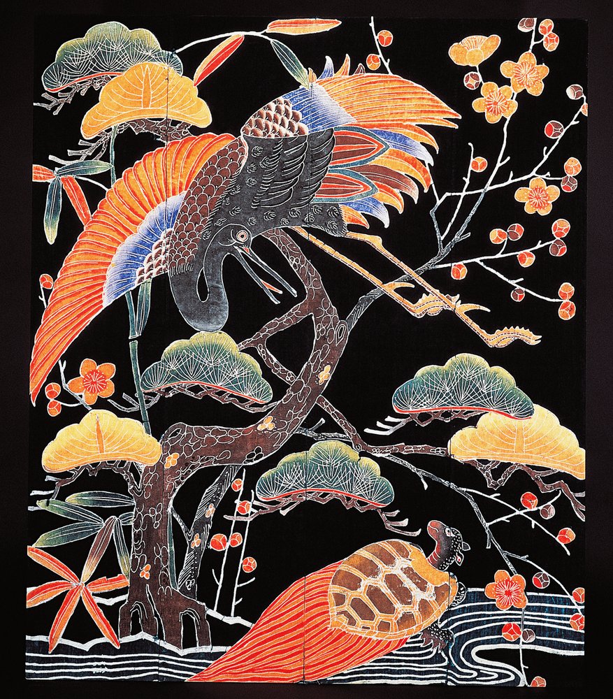 Kraniche und langschildkrötige Schildkröte (Tsurugame), Detail eines Kimonostoffs mit glückverheißenden Motiven, japanische Zivilisation, Edo-Zeit von Culture Edo
