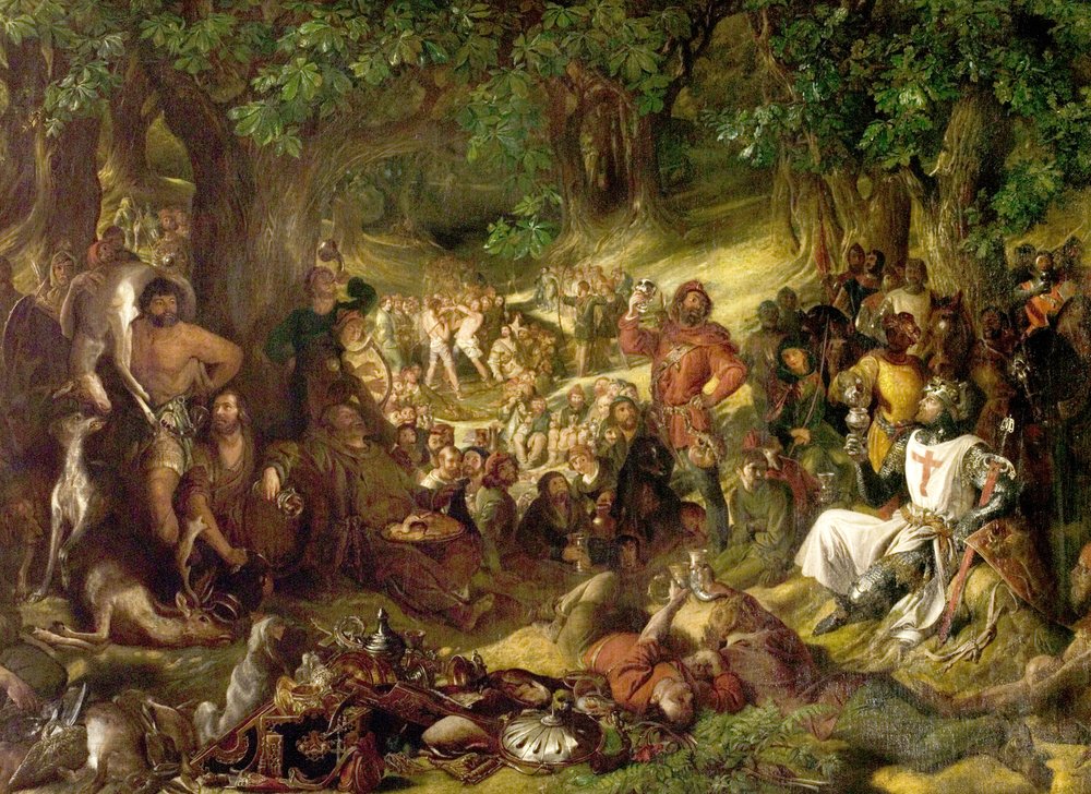 Robin Hood und seine fröhlichen Gesellen bewirten Richard Löwenherz im Sherwood Forest von Daniel Maclise
