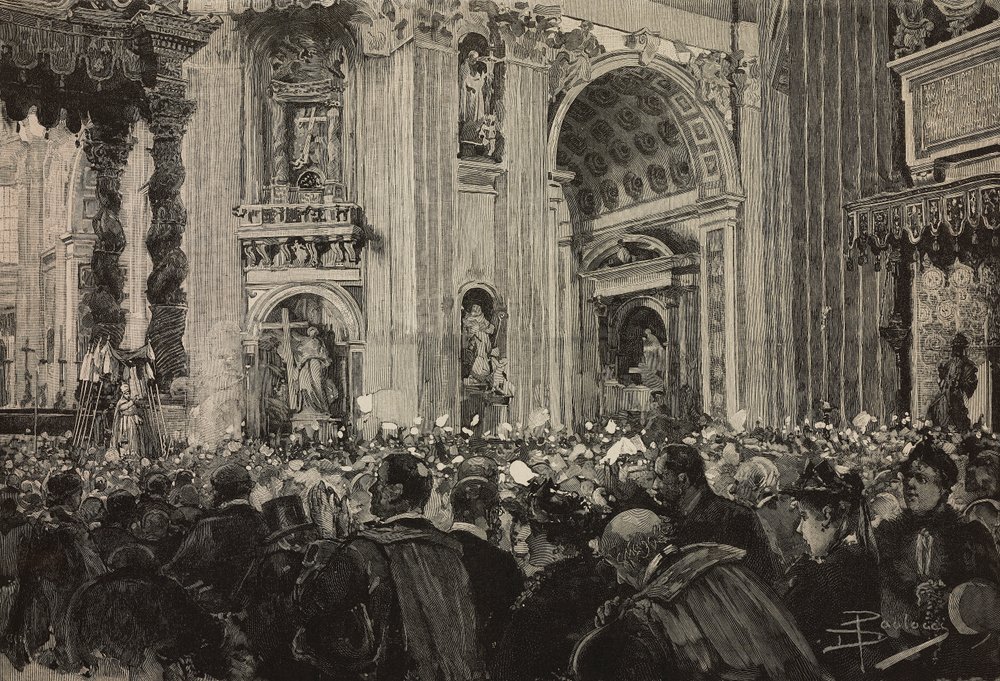 Päpstlicher Segen anlässlich des bischöflichen Jubiläums von Leo XIII., Petersdom, Vatikan (Stich nach einer Zeichnung von Dante Paolocci) von Dante Paolocci