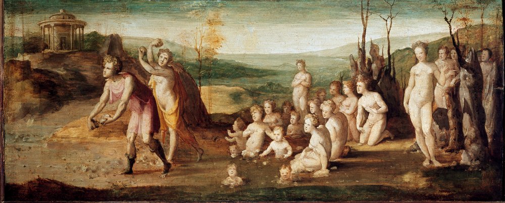 Deukalion und Pyrrha. Gestalten der griechischen Mythologie, die nach der Sintflut Steine werfen, aus denen Menschen entstehen. Um 1525-1530. Maße: 53x134 cm. Italien, Florenz, Horne-Stiftung (Firenze, Fondazione H von Domenico Beccafumi