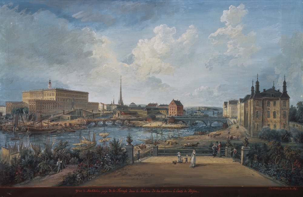 Blick auf Stockholm von der Fersen-Terrasse mit dem Palast Makalos von Elias Martin