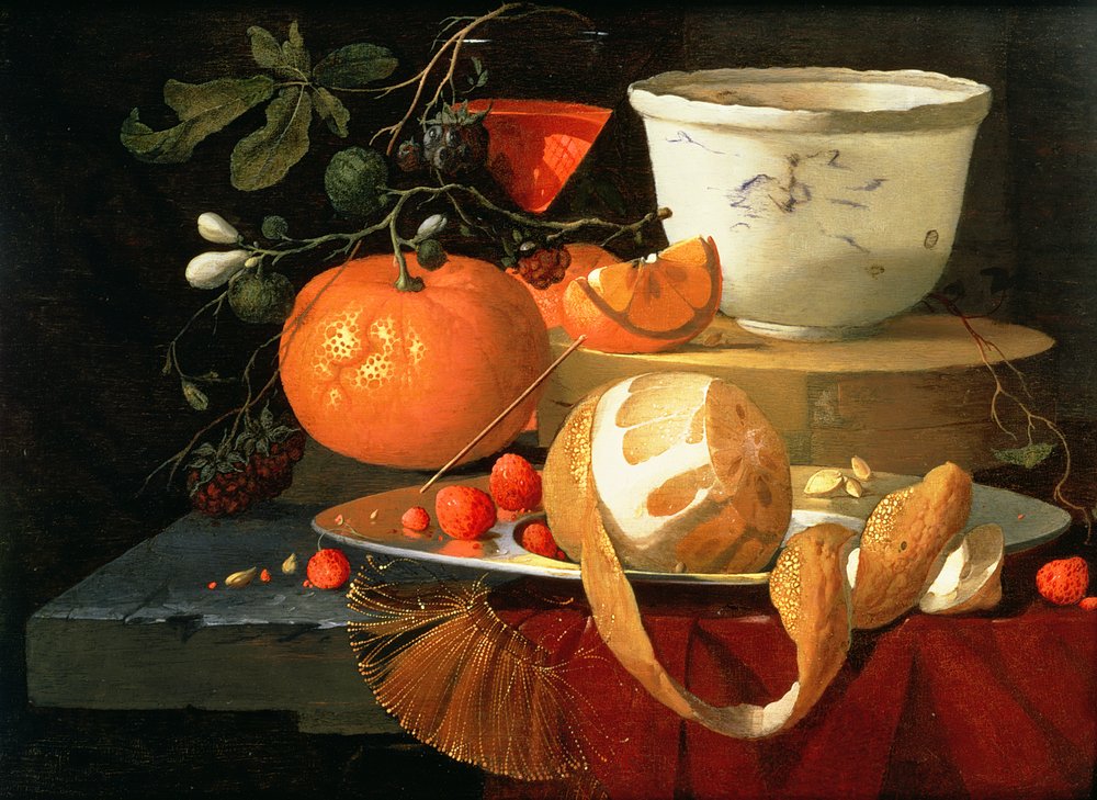 Stillleben mit einer Orange, einer Zitrone und Erdbeeren auf einem Zinnteller, eine Wan-Li-Schale dahinter von Elias van den Broeck