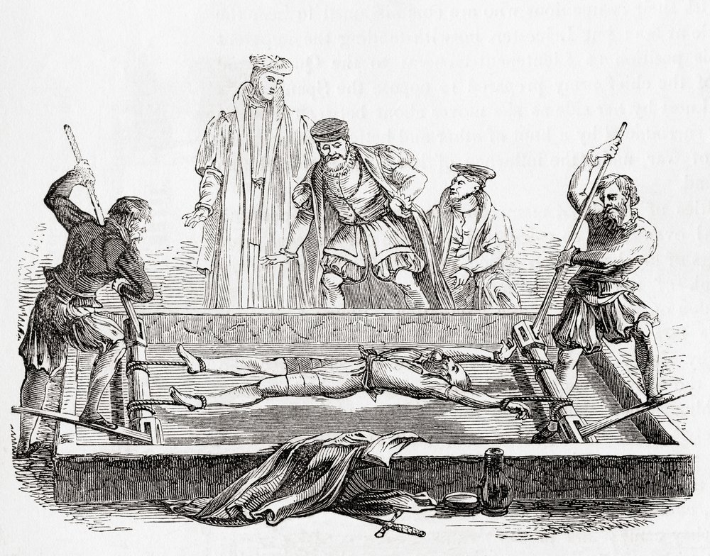 Cuthbert Simpson, auch Symson, Simson oder Symion, während der marianischen Verfolgung 1558 auf der Streckbank im Tower of London gefoltert, aus Old England: A Pictorial Museum, veröffentlicht 1847 von English School