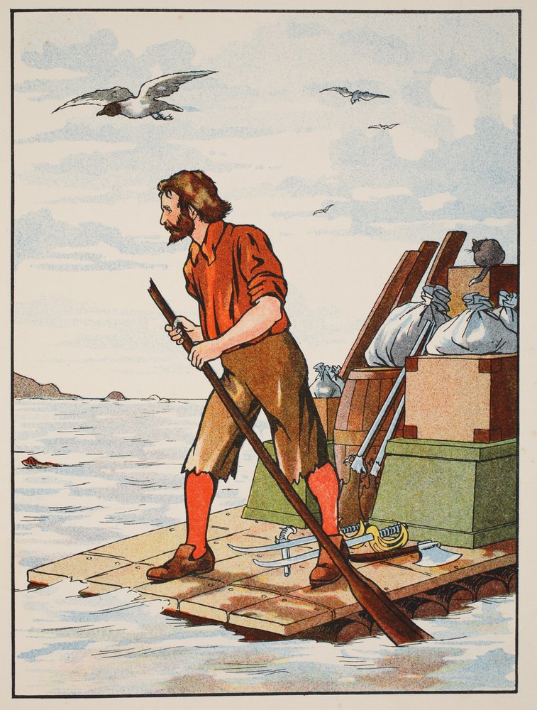 Robinson Crusoe auf seinem Floß, Illustration aus Die Geschichte von Robinson Crusoe: Eine Adaption für Kinder nach Defoes Sprache, veröffentlicht von Griffith Farran Browne & Co. Limited, London von English School