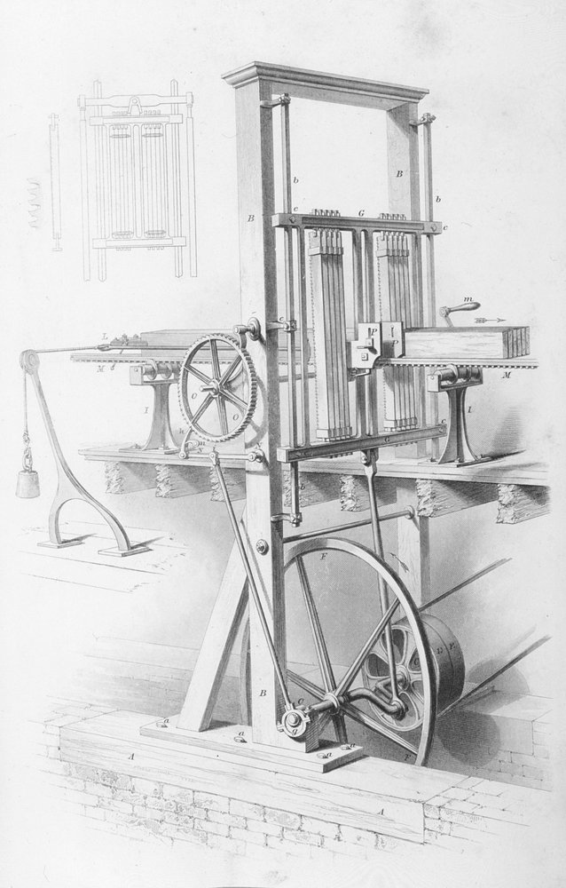 Säge in der Sägemühle aus der Enzyklopädie der nützlichen Künste & Manufakturen, herausgegeben von Charles Tomlinson, ca. 1880er Jahre von English School