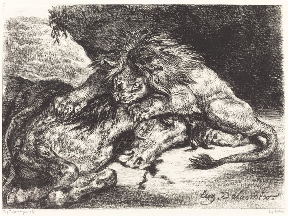 Löwe verschlingt ein Pferd von Eugène Delacroix