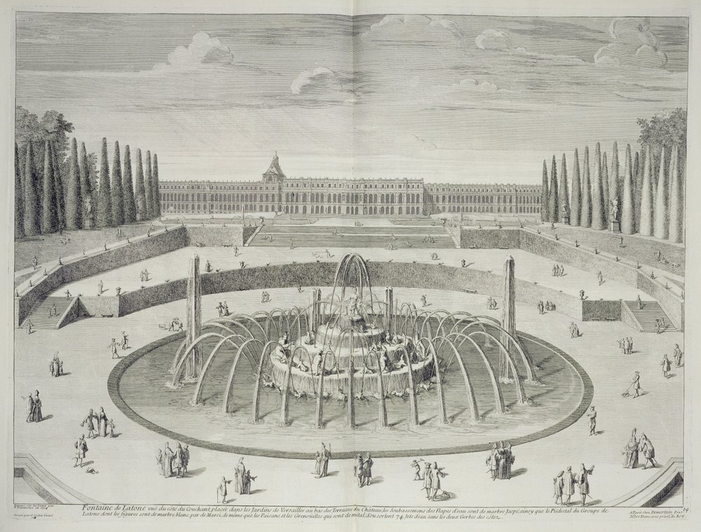 Brunnen von Latone in Versailles, 1714, aus 'Les Plans, Profils et Elevations des Villes et Chateau de Versailles', graviert von Gerard Jean-Baptiste Scotin, veröffentlicht ca. 1715 von F. Delamonce