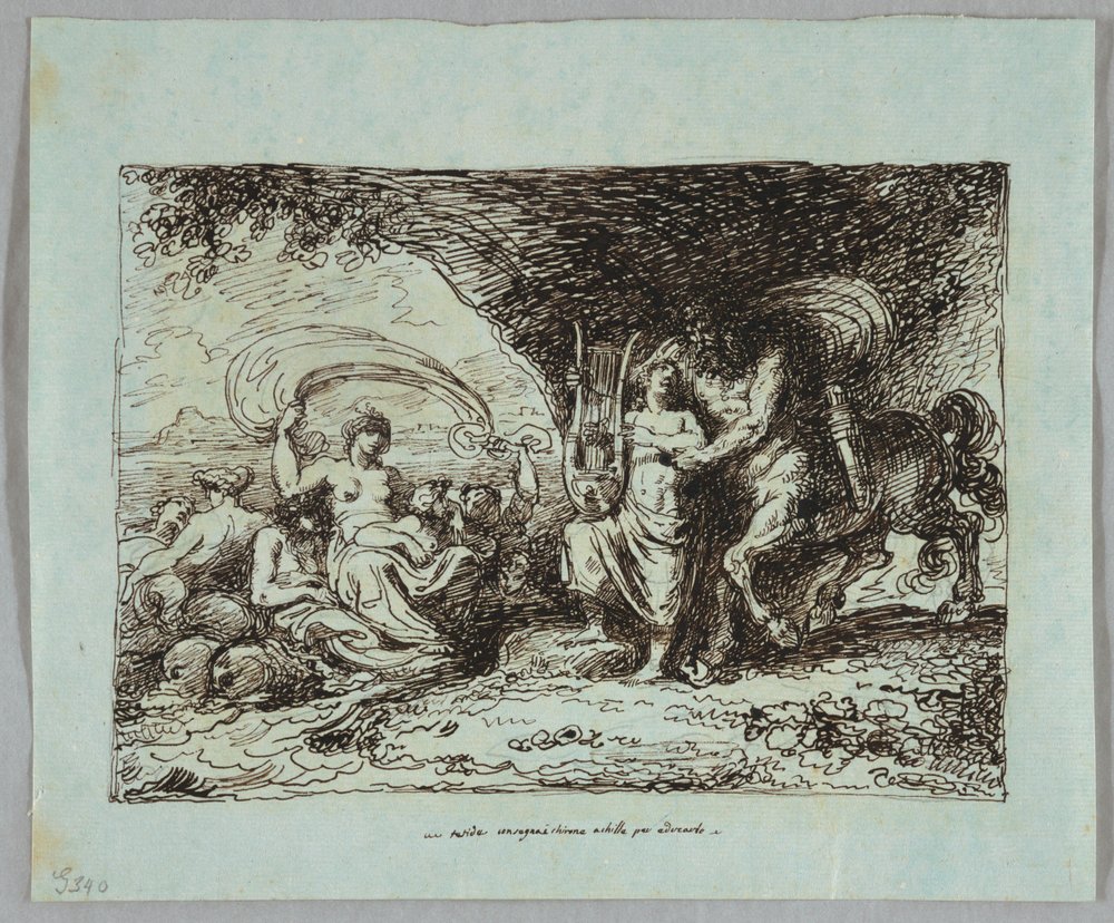 Achilles wird vom Zentaur Chiron im Spielen der Lyra unterrichtet