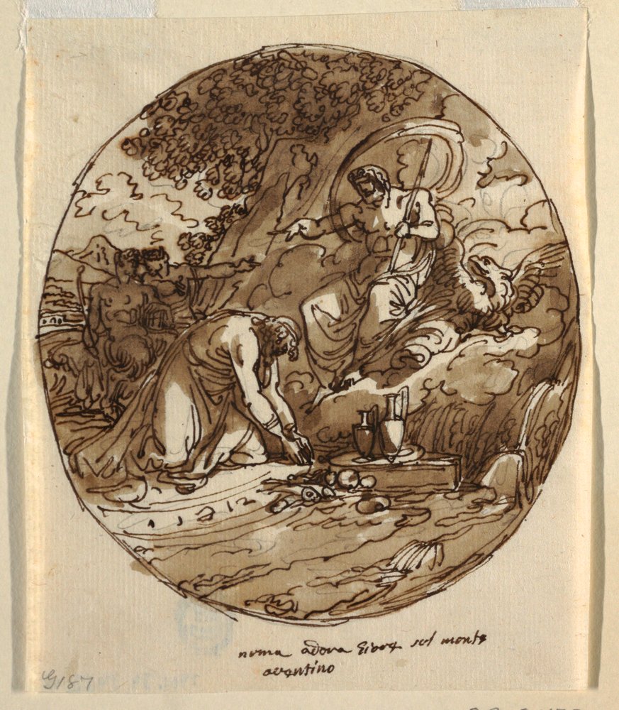 Numa Pompilius betet Jove auf dem Aventin an, Deckengestaltung für die Sala di Numa Pompilius, Palazzo Milzetti, Faenza von Felice Giani