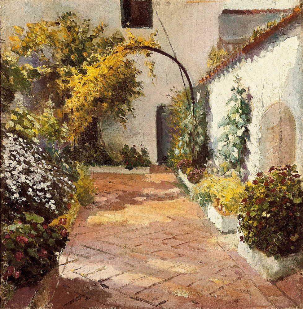 Klosterhof. Gemälde in Marmolejo in der Provinz Jaen in Spanien. Öl auf Leinwand von Felipe Abarzuza (1871-1948), erste Hälfte des 20. Jahrhunderts von Felipe Abarzuza y Rodriguez de Arias